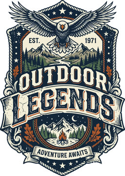 Outdoor legends adventure awaits vintage emblem with eagle and mountains