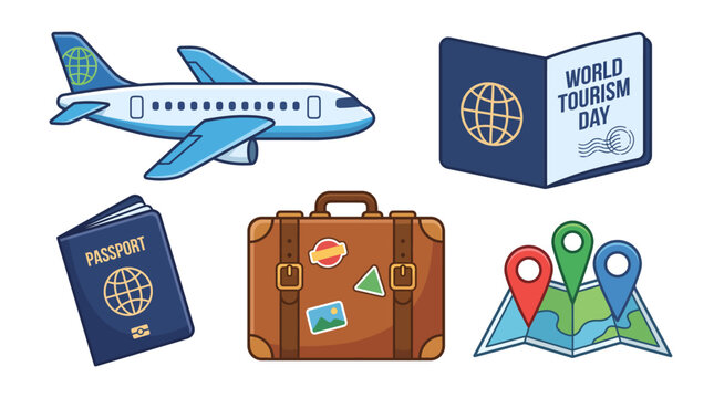 Travel and Tourism Concept Featuring Airplane Suitcase Passport Globe Map.