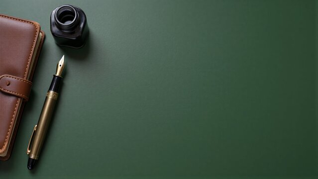 Brown leather notebook and gold fountain pen on deep green surface.