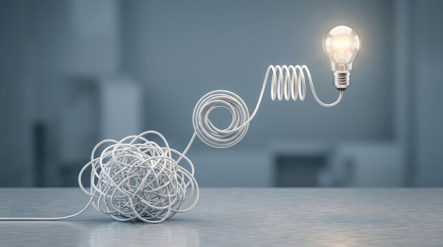 Tangled Threads Transforming into Glowing Lightbulb Representing Creative Ideas, Problem Solving and Innovation Concept
