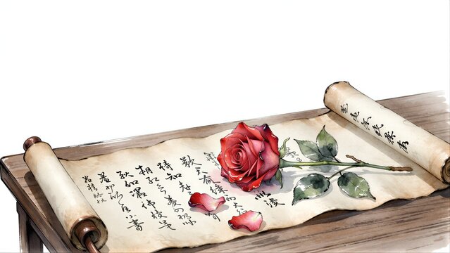 A red rose rests on an ancient scroll with elegant Chinese calligraphy.