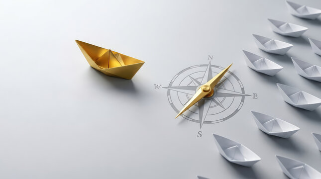 Golden Paper Ship Leading White Paper Boats with Compass Directions Representing Leadership, Navigation, Strategy and Business Vision Concept