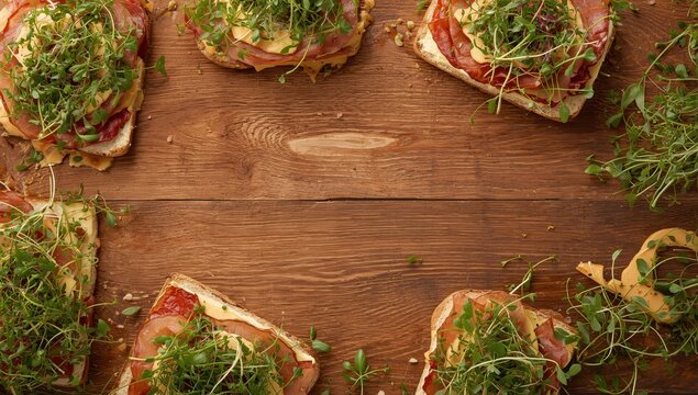 Tasty prosciutto and cheese sandwiches with microgreens on a wooden surface, overhead view. Text area available.