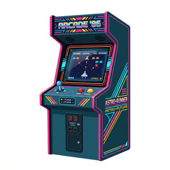 Retro Arcade Machine Illustration with Pixel Art Game Screen in 80s Cyberpunk Neon Style © Elinda