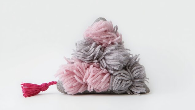 Handcrafted pet enrichment toy featuring a gray and pink felt triangle and braided pink rope against a white backdrop.