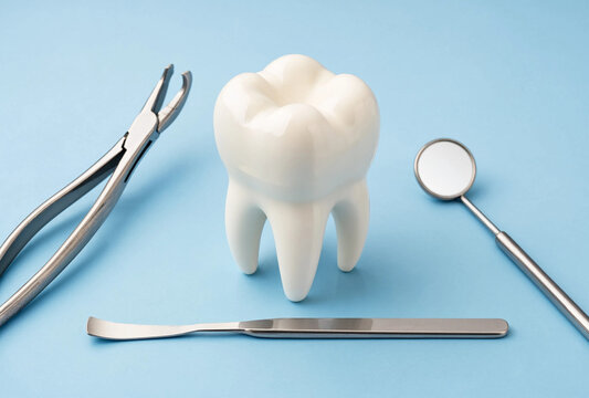 White Tooth Model with Dental Instruments on Blue Background for Oral Health Education and Clinical Illustration