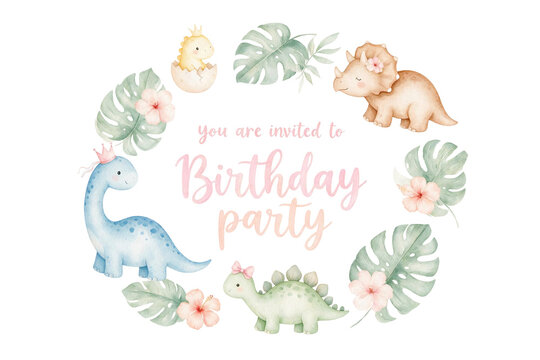 Watercolor dinosaur birthday party invitation, cute prehistoric animal wreath with tropical leaves, pastel nursery dino celebration card