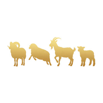 Golden livestock silhouettes, metallic ram and sheep icons, set of 4 gold farm animal shapes, elegant goat and lamb profile graphics on white