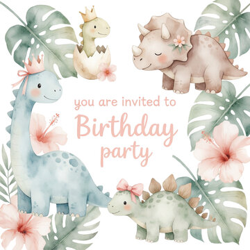 Watercolor dinosaur birthday party invitation, cute baby dinosaurs with tropical monstera leaves and hibiscus flowers, pastel nursery illustration