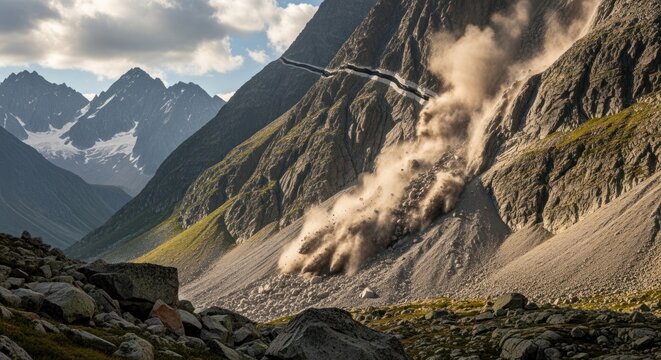 Massive rockslide cascading down a steep mountain slope in sunlight