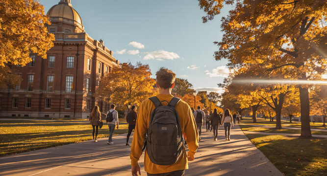 University student walking on campus during autumn, college students heading to class in fall, golden hour sunlight on historic school building
