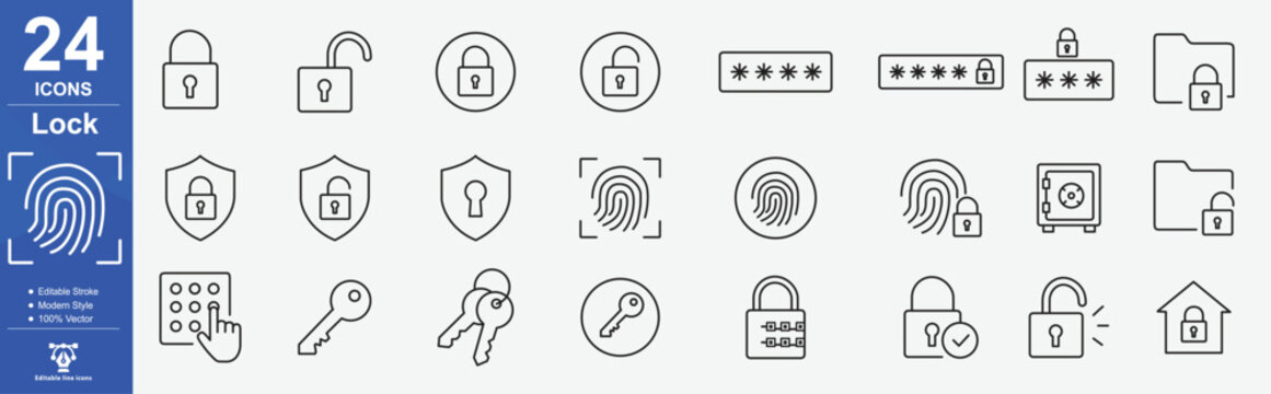 Security Lock Icons And Fingerprint Scans In Minimal Line Style, Lock web icons in line style. Security, safe, document, unlock, protection, issue