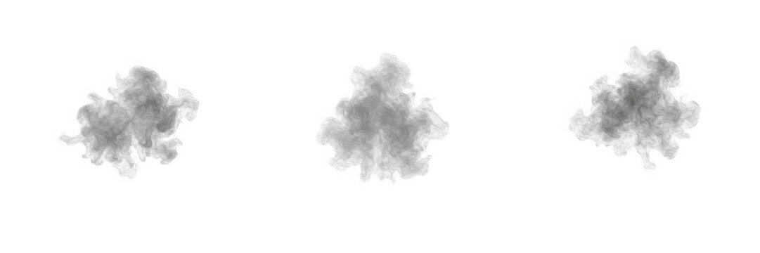 Set of three fluffy gray smoke or cloud puffs, isolated soft vapor explosions, vapor bursts, and misty atmospheric effect elements for design, photography overlays, and abstract concepts on white back