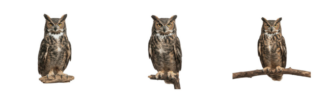 Set of three realistic great horned owl figurines perched on branches and bases, isolated wild bird statues for wildlife decor, garden ornamentation, and nature concepts on white background.