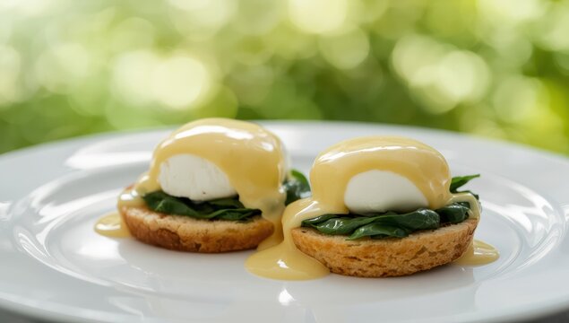 Benedict or Florentine eggs on a white dish. Benedict features toasted English muffins, poached eggs, spinach, and rich hollandaise.