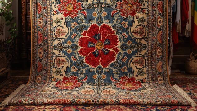 Traditional Moldavian carpet with floral design. Vintage handcrafted rug representing Moldova and Romania's culture. Retro red flower pattern. Ethnic textile design.