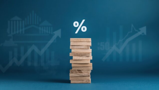 Soaring inflation and rising interest rates concept. Wooden block with upward percentage icon on blue backdrop. Banking analysis shows increasing percent rate arrow.