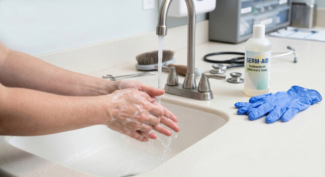 Hand washing sink water soap glove hygiene sterile veterinary zoonotic disease prevention in clinic sink with gloved hand and water