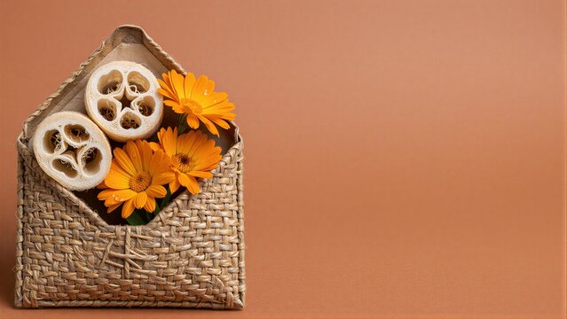 Woven basket holds orange flowers and loofahs against warm terracotta background.
