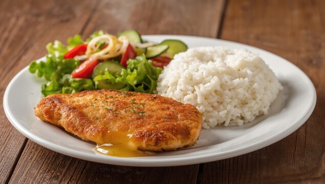 Chicken chop or schnitzel served with green salad and rice on a plate. Focused view, horizontal, wooden backdrop.