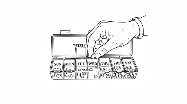 Line art weekly pill organizer box with open compartments illustration minimalist monochrome organizer medicine