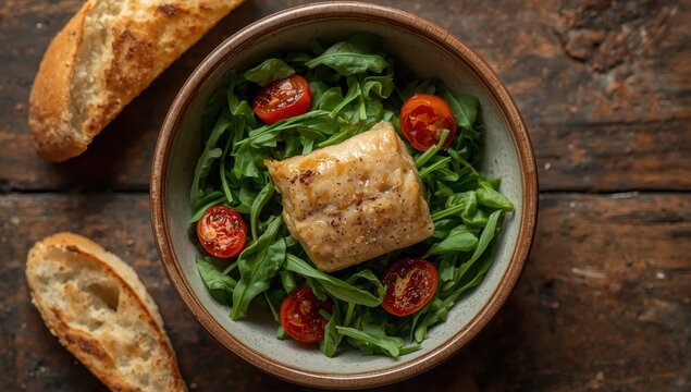 Close-up of a bowl with a cod liver salad, fresh arugula, and sun-dried tomatoes, accompanied by toast. Horizontal view from above.