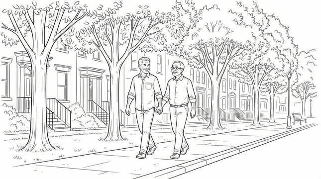 Title line art pair of people walking along a tree lined path in a park with outdoors illustration minimalist monochrome