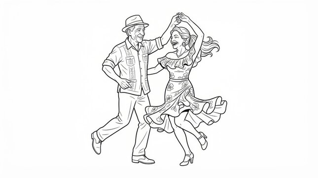 Line art drawing of a couple dancing together joyfully with movement celebration lifestyle illustration minimalist