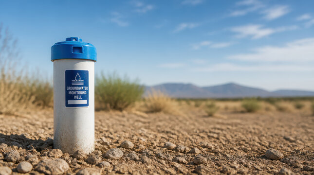 Dry water scarcity climate adaptation test in arid landscape with groundwater monitoring well under blue sky