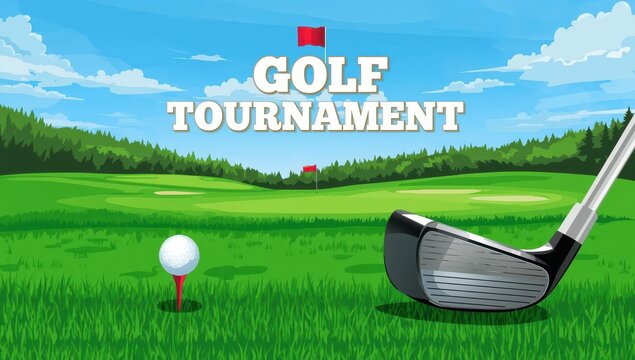 Vector graphic depicting a golf course featuring balls, a club, a hole, and text for a golf tournament, with area for text. Green, sports event, competition theme.