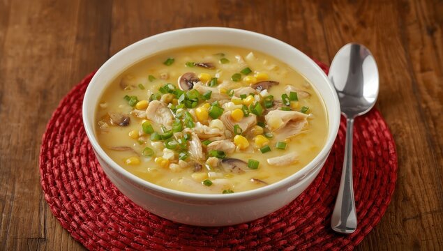 Big bowl of chicken corn chowder featuring mushrooms and green onions on a red mat with a spoon.