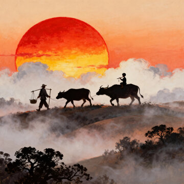 Chinese Pastoral Oil Painting Sunset Farmer Cow Herding Boy Playing Flute