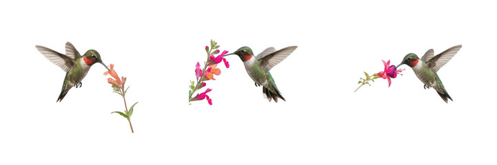 Ruby throated hummingbird hovering and drinking nectar from blooming flowers isolated on white background, beautiful small flying bird wildlife photography vector style graphic asset. © Qari