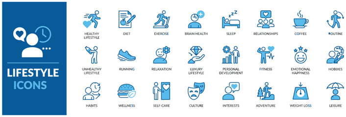 Naklejka premium Comprehensive set of lifestyle and wellness icons for healthy living and personal development apps.