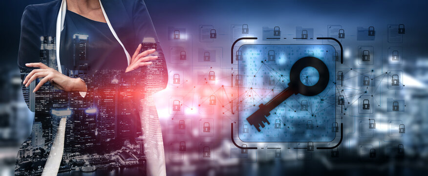 Businesswoman with Crossed Arms Overlaid with Digital Security Symbols and Cityscape Background Representing Online Safety and Protection Concept Sigmoid