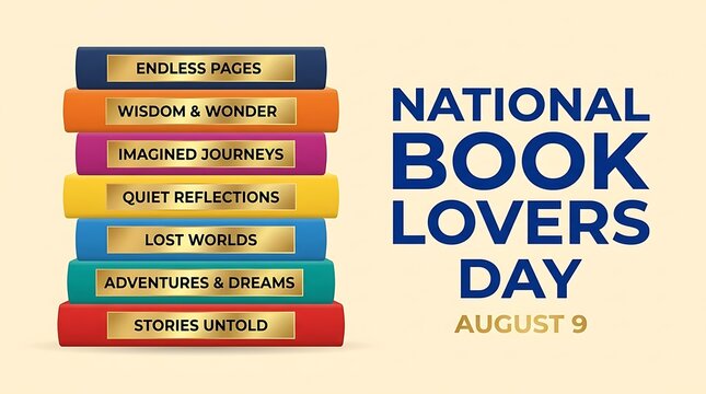 National Book Lovers Day banner with colorful stack of books, August 9 literary celebration graphic, library and reading education concept