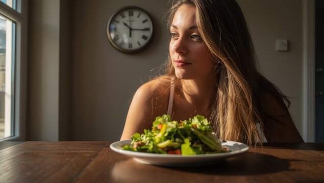 Young woman practicing timed intermittent fasting, eager for her first meal of low-carb keto salad at home.
