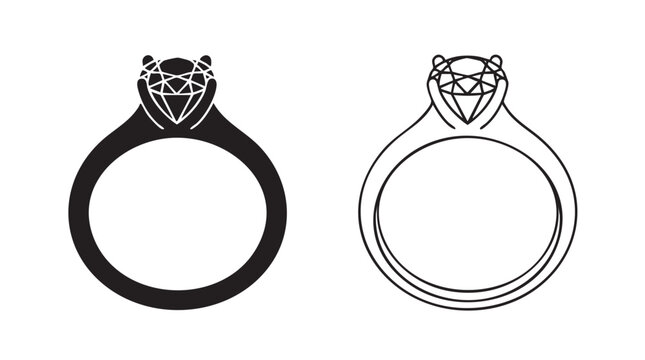 diamond ring with black silhouette and outline art vector icon