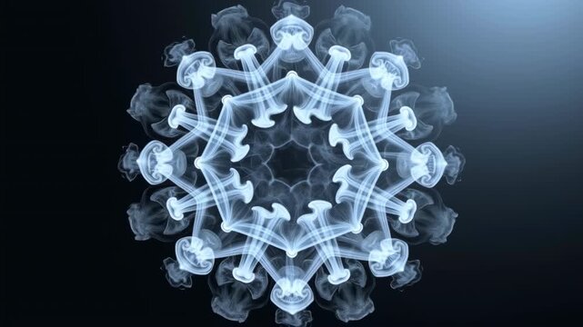 Translucent mandala bloom unfolding into layered snowflake geometry with cool rim light, radial symmetry, glowing highlights, and dark gradient contrast, with translucent, mandala, bloom, unfolding