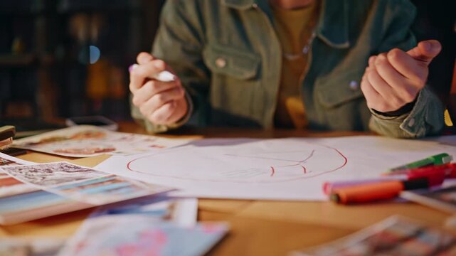 Closeup hands sketching design markers paper. Designers collaborate night studio