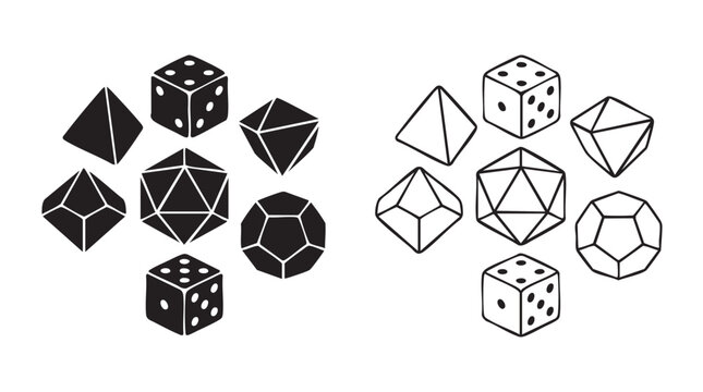 dice and polyhedral shapes in black silhouette and outline art vector icon set