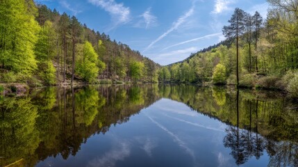 Fototapeta premium Serene Landscape Featuring Calm Water Body Surrounded by Lush Green Trees and Clear Blue Sky in a Tranquil Environment