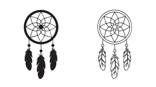 dreamcatcher with feathers and beads black silhouette outline art vector icon black black silhouette and outline art vector icon