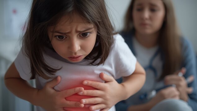 A young girl experiencing abdominal discomfort, possibly appendicitis or another health issue.