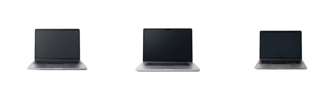 Set of three isolated modern laptops on white background, sleek notebook computers with dark screens for tech design, digital device graphics and vector-style elements for creative projects