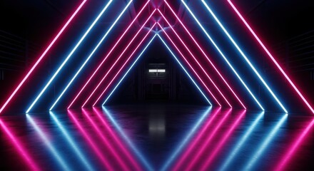 Fototapeta premium Neon pink and blue laser lines forming a perspective tunnel with science fiction