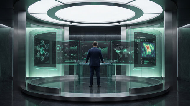 Futuristic Command Center with Holographic Analytics Displays for Advanced Business Strategy Visualization