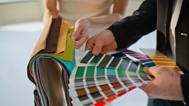 Close up designer showing color swatches fabric samples. Interior consultation.