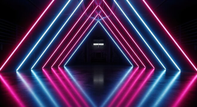 Neon pink and blue laser lines forming a perspective tunnel with science fiction