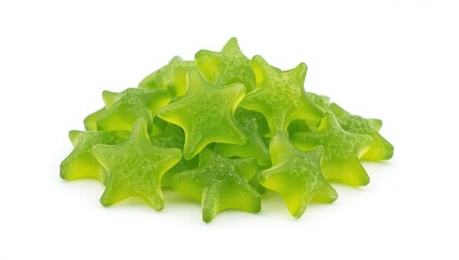 Fototapeta premium Green starfish-shaped gummy candies on a white backdrop.